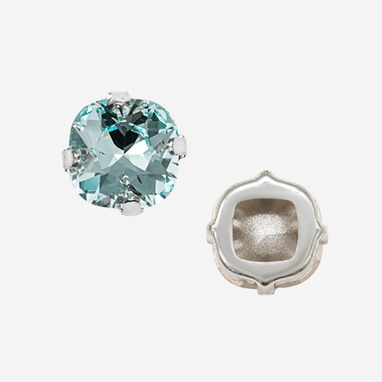 Кристалл Кушон (Сushion) в цапах, оттенок "Аквамарин"/"Aquamarine", 9,2мм, родирование
