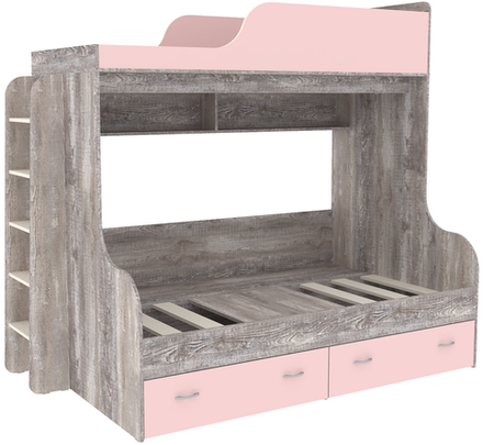 Двухъярусная кровать КарИВи Дуэт-15 с деревянной лестницей Бетон Розовый