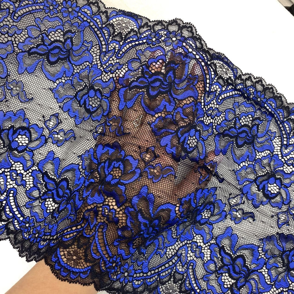 Кружево эластичное черный/василек 23 см