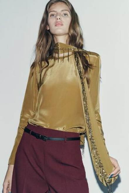 ZARA ТОП С ШАРФОМ И ВЫШИВКОЙ — ZW COLLECTION, ОЛИВКОВЫЙ