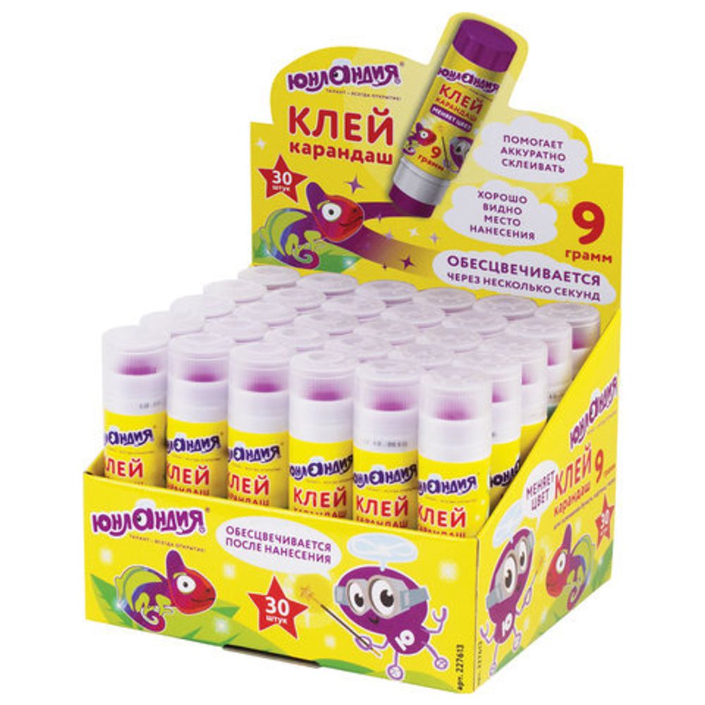 Клей-карандаш цветной ЮНЛАНДИЯ "ЮНЛАНДИК И ХАМЕЛЕОН", 9 г, обесцвечивающийся после высыхания, 227613