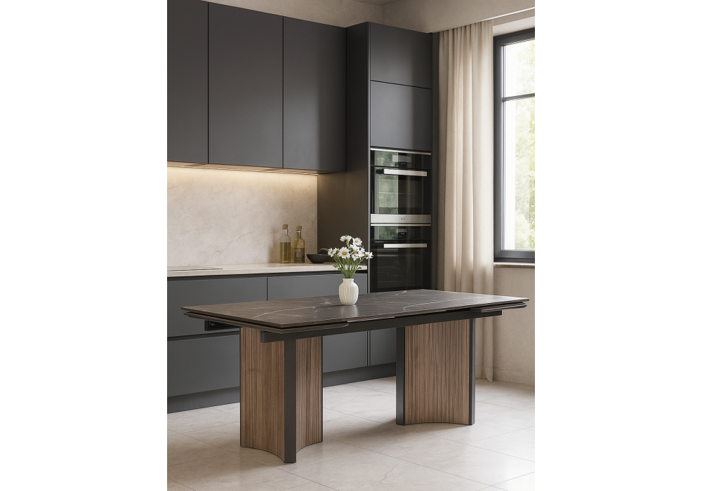 Керамический стол Woodville Саливан 180x90 nero marquina, дуб бомонд лофт