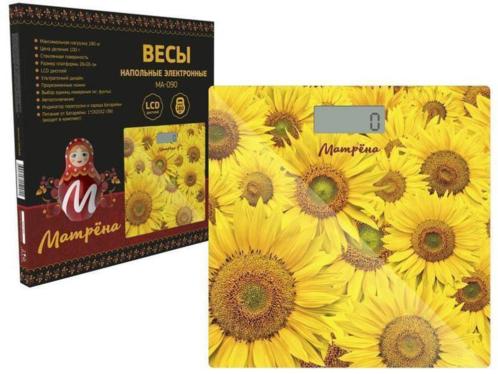 Весы напольные электронные МАТРЁНА МА-090 Подсолнухи (стекло, 180кг)