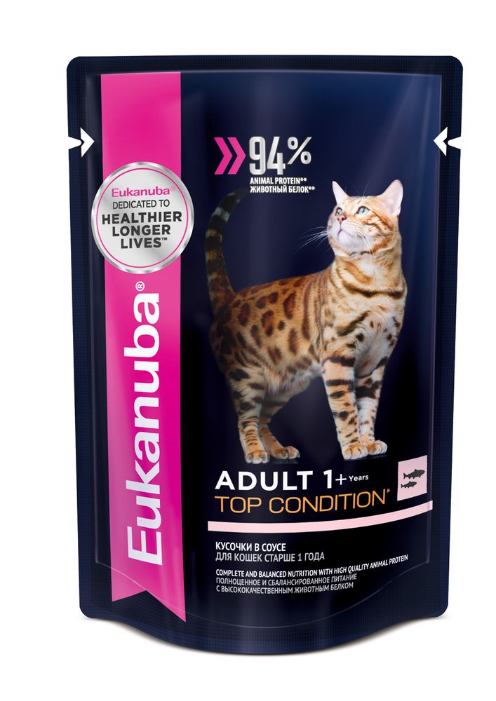 Eukanuba Adult Top Condition влажный рацион с лососем в соусе для взрослых кошек 85г