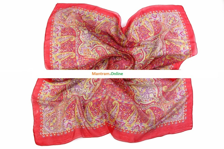 Платок материал Шелк 100% Плотный узор цвет зеленый желтый фиолетовый персиковый на красном с красной каймой 100x100см.