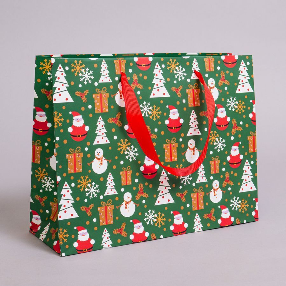 НГ Пакет подарочный M горизонтальный, Новогодний, Зеленый, 30*23*10 см (Д*В*Ш)