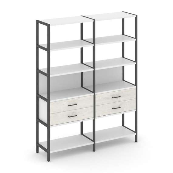 Shelf System Двухсекционный стеллаж пятиярусный с ящиками SN.STM-522 Белый/Дуб Наварра/Металл Антрац