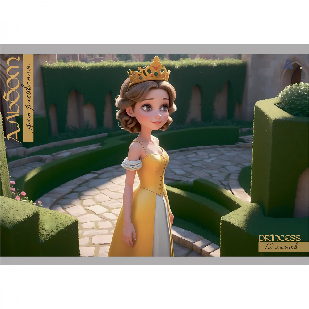 Альбом для рисования А4 12л., Alingar, на скрепке, мелованный картон (стандарт), 100 г/м2, "Принцесса у замка", 4 дизайна в пленке т/у
