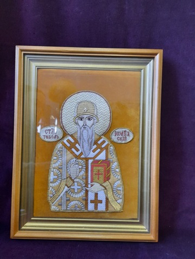 Икона "Святитель Иоанн Тобольский", машинная вышивка, золотая шёлковая нить, золотой шнур