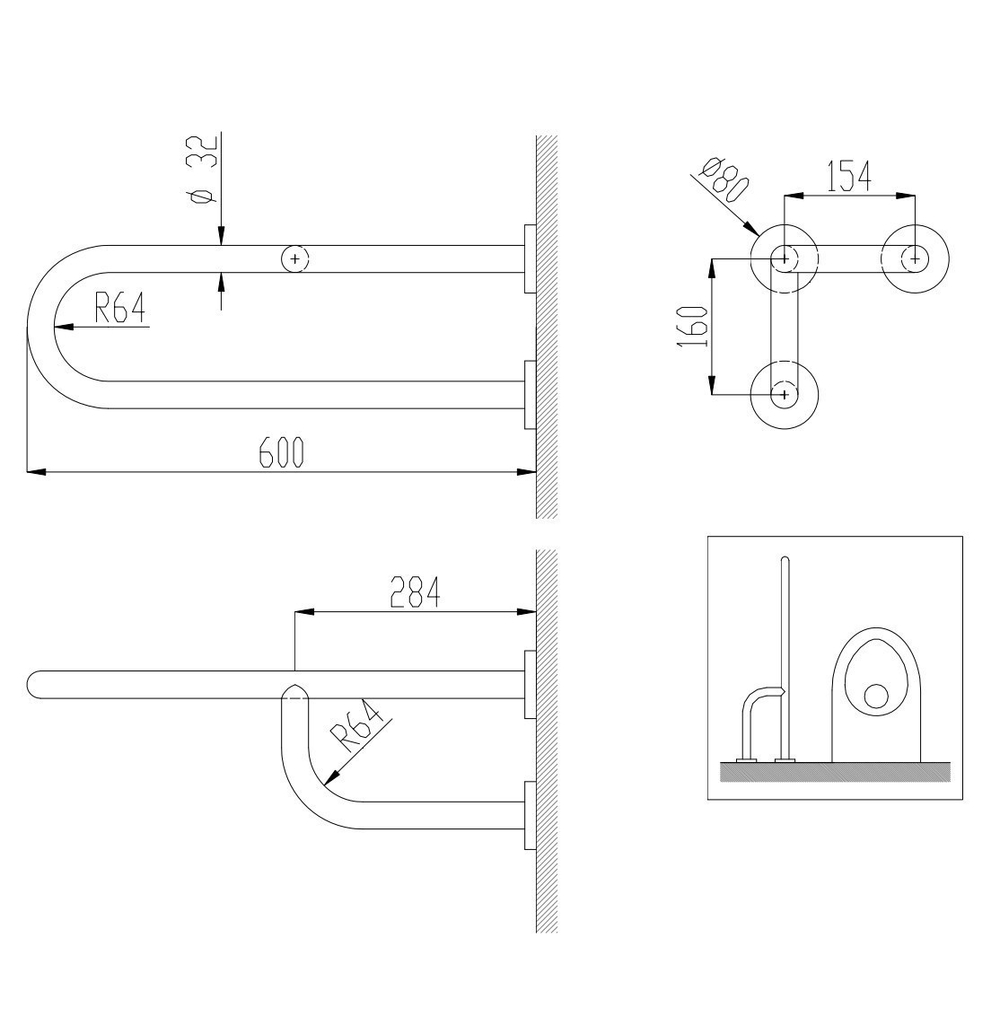 Поручень полукруглый неподвижный с 3 точками опоры Nofer  600 мм с антибактериальным покрытием белый левый 15048.WB схема