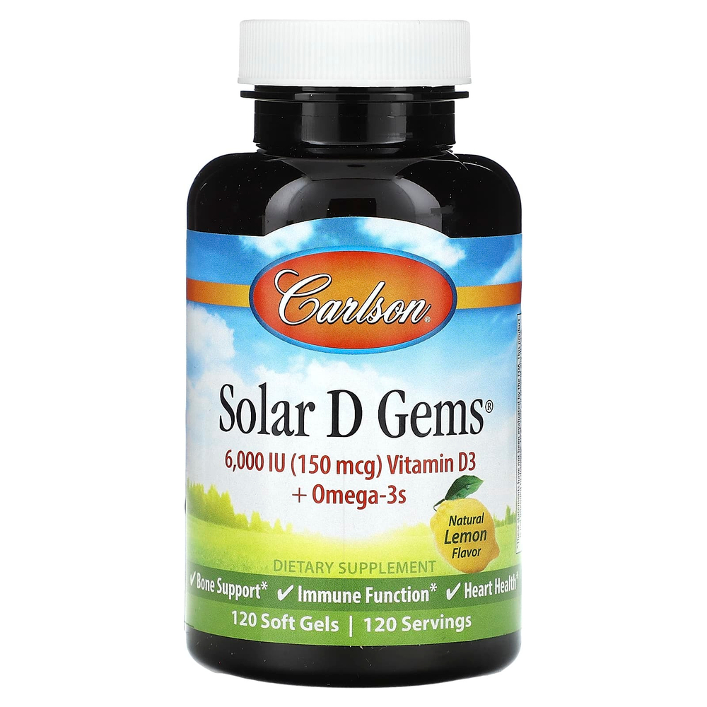 Carlson, Solar D Gems®, витамин D3 и омега-3, натуральный лимон, 120 мягких таблеток