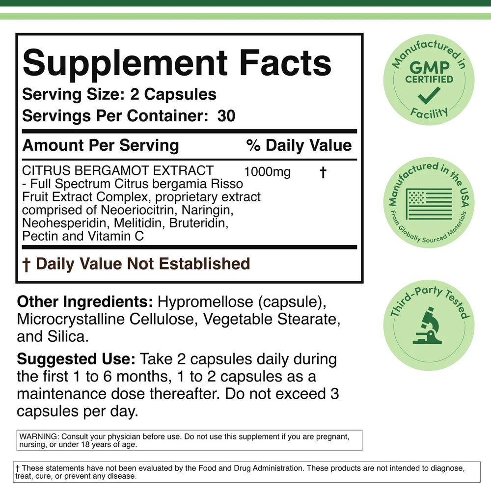Double Wood Supplements - Citrus Bergamot Extract - 60 x 500 mg capsules