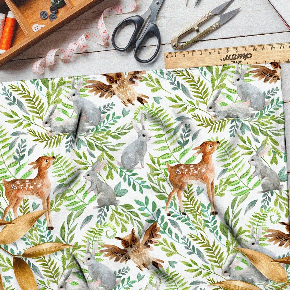 Ткань габардин акварельные оленята и зайки