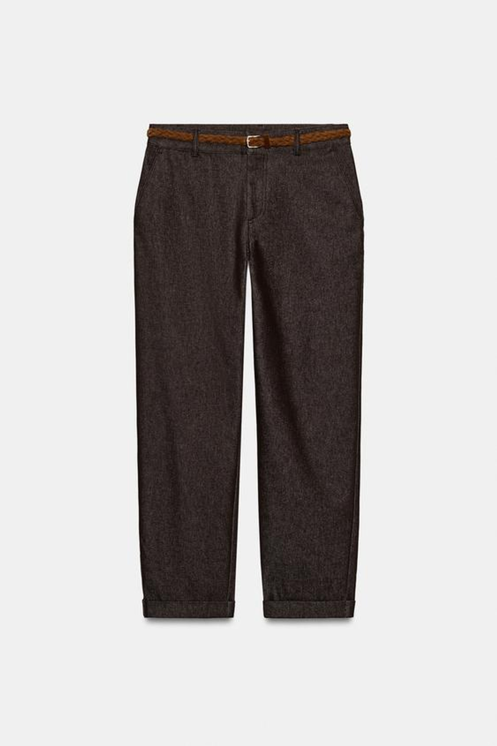 ZARA БРЮКИ ЧИНОС С ПЛЕТЕНЫМ РЕМНЕМ, КОРИЧНЕВЫЙ