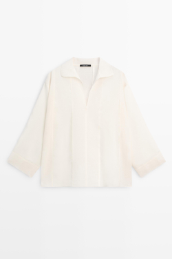 Massimo Dutti Блуза из струящейся ткани с декоративными швами, натуральный/кремовый