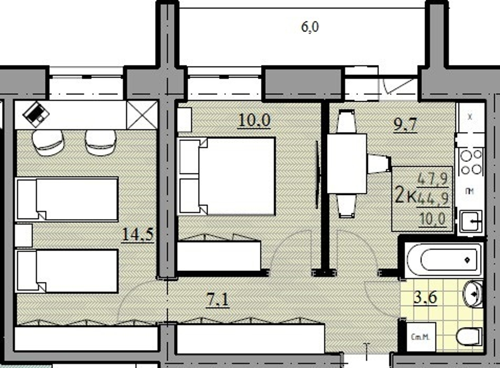 2-комнатная квартира, 44,9 м² / Чистовая отделка