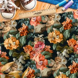 Ткань премиум шелк искусственный Армани ангелы в цветах