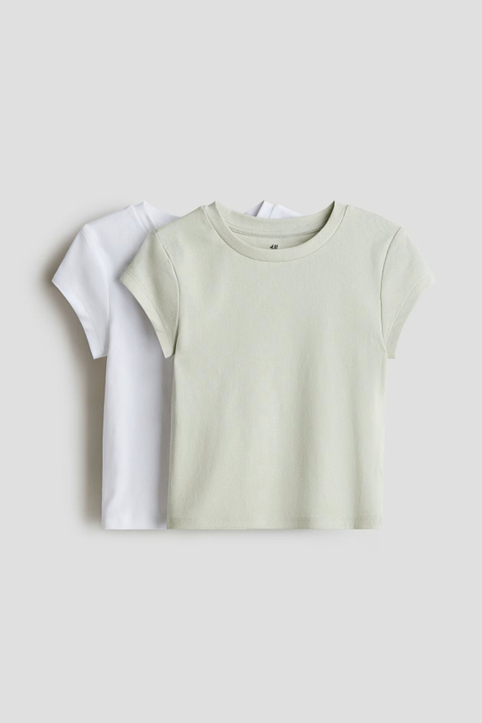 H&M Набор из 2 хлопковых футболок, светло-зеленый/белый