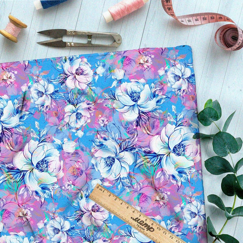 Ткань шелк Армани клод моне «цветы на голубом фоне»