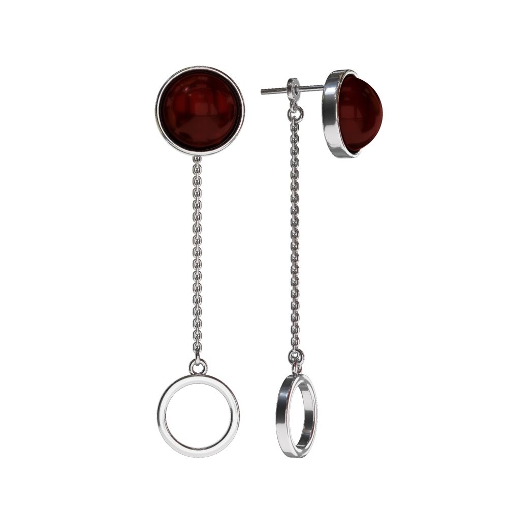 Серьги с кругом на цепочке с вишневым янтарем