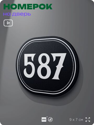 Номерок на дверь квартиры 587, для кабинета, офиса, шильдик 9 х 7 см, черный, Айдентика Технолоджи
