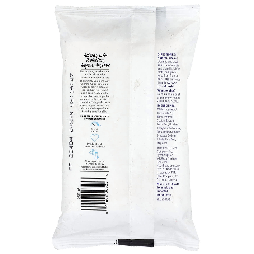 Summer's Eve, Ultimate Odor Protection™, очищающие салфетки со сбалансированным уровнем pH, легкая свежесть, 32 салфетки