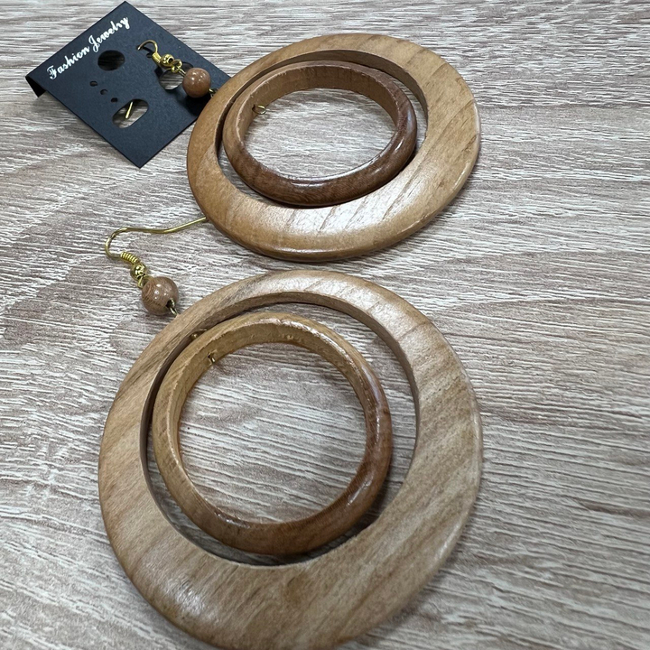 Серьги Два кольца, цвет светло-коричневый, дерево