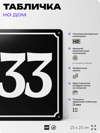 Адресная табличка с номером дома 133, на фасад и забор, черная, 25х25 см, Айдентика Технолоджи