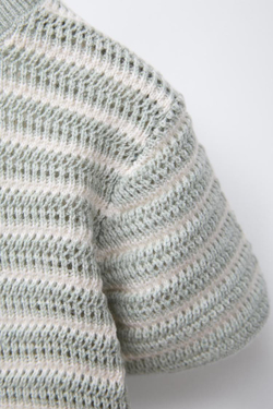 ZARA ТРИКОТАЖНЫЙ ТОП В ПОЛОСКУ С КОРОТКИМИ РУКАВАМИ, ЭКРЮ