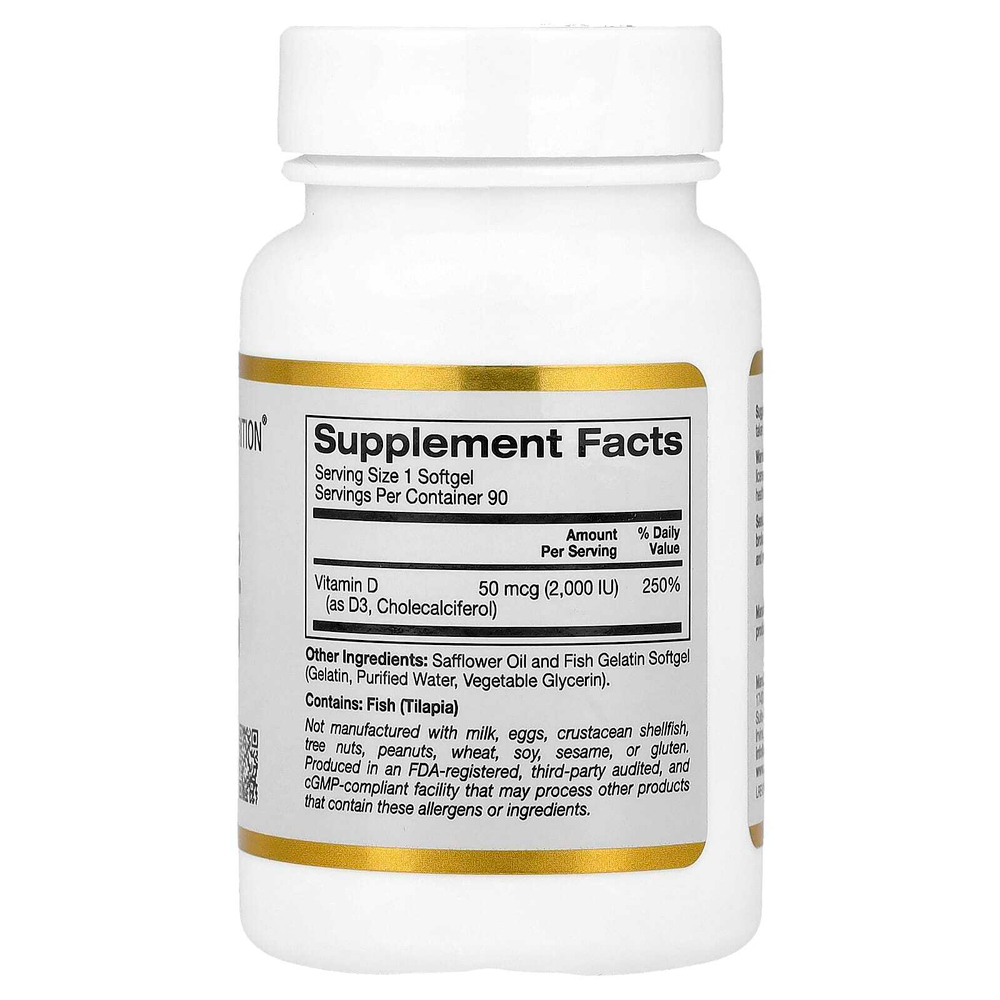California Gold Nutrition, витамин D3, 50 мкг (2000 МЕ), 90 рыбно-желатиновых капсул