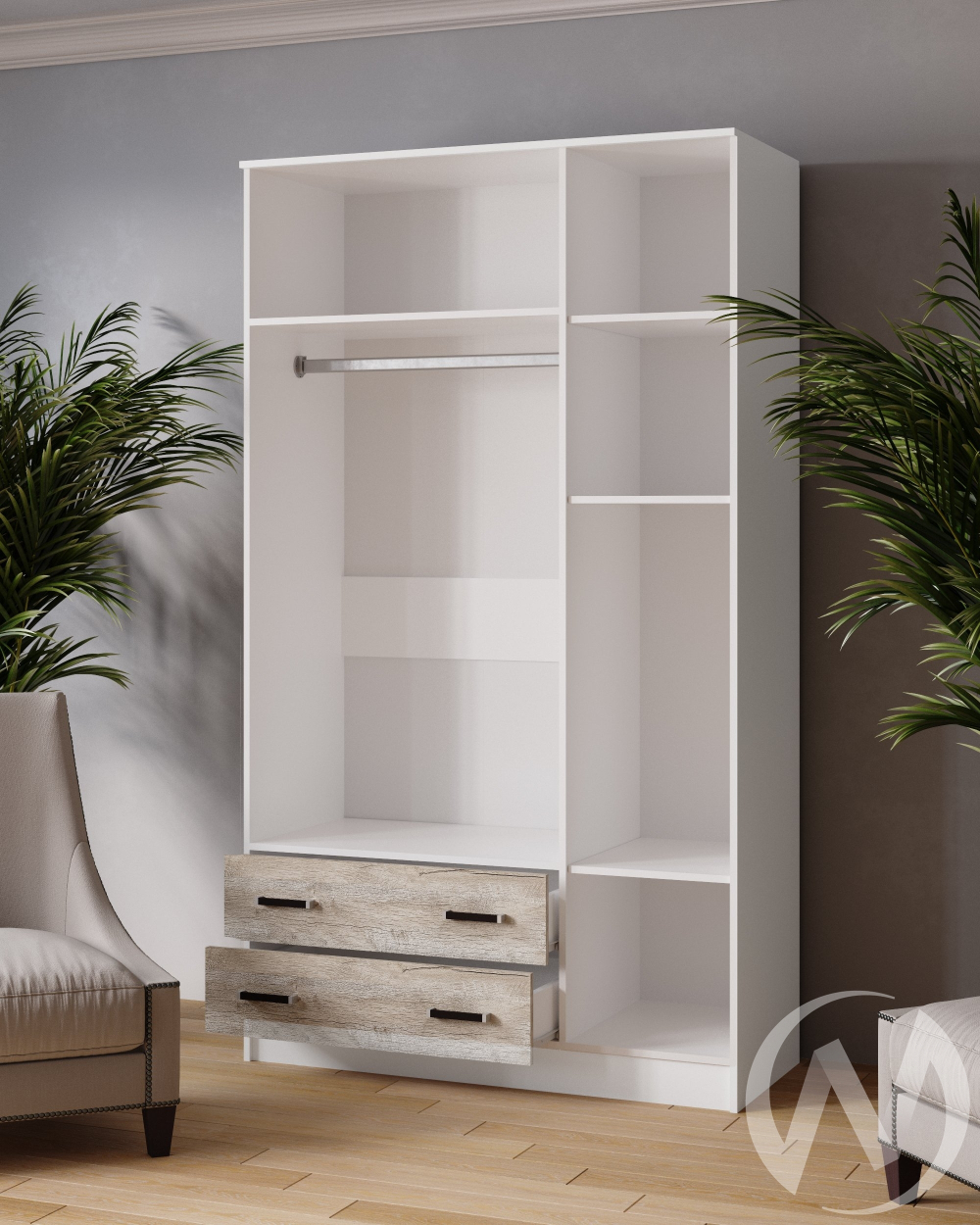 Шкаф комбинированный Лагуна с зеркалом (белый с тиснением/дуб юкон)