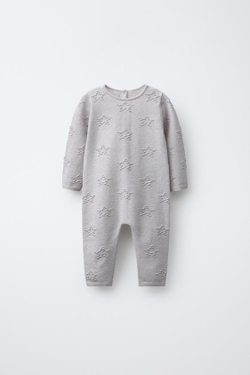 ZARA ДЛИННЫЙ КОМБИНЕЗОН С ВЫШИВКОЙ ЗВЕЗД, СВЕТЛО-СЕРЫЙ