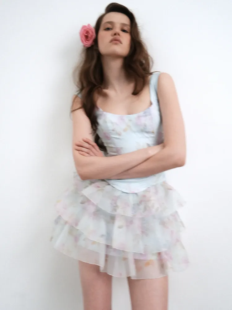 Ви (Vi), топ корсетный на бретелях из молочной органзы с цветочным принтом