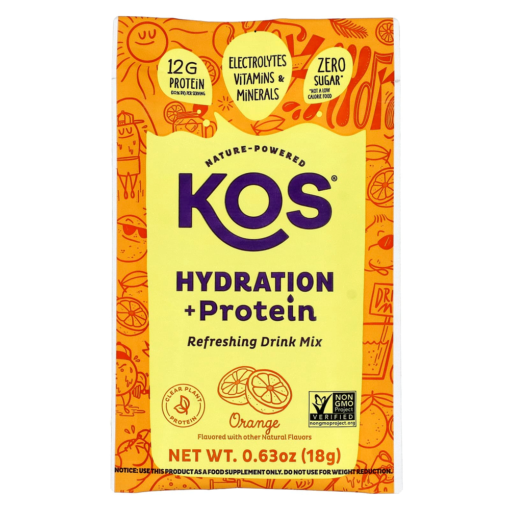KOS, Hydration + Protein, освежающая смесь для напитков, апельсин, 7 пакетиков по 18 г (0,65 унции)