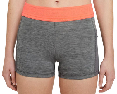 Женские Шорты теннисные Nike Pro 3in Short Femme NVLTY PP2 - smoke grey/bright mango/white