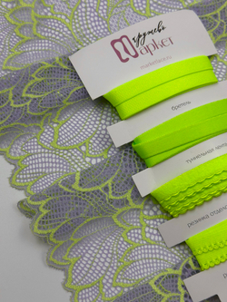 Эластичное кружево орхидея с желто-зеленым неоновым ширина 23 см