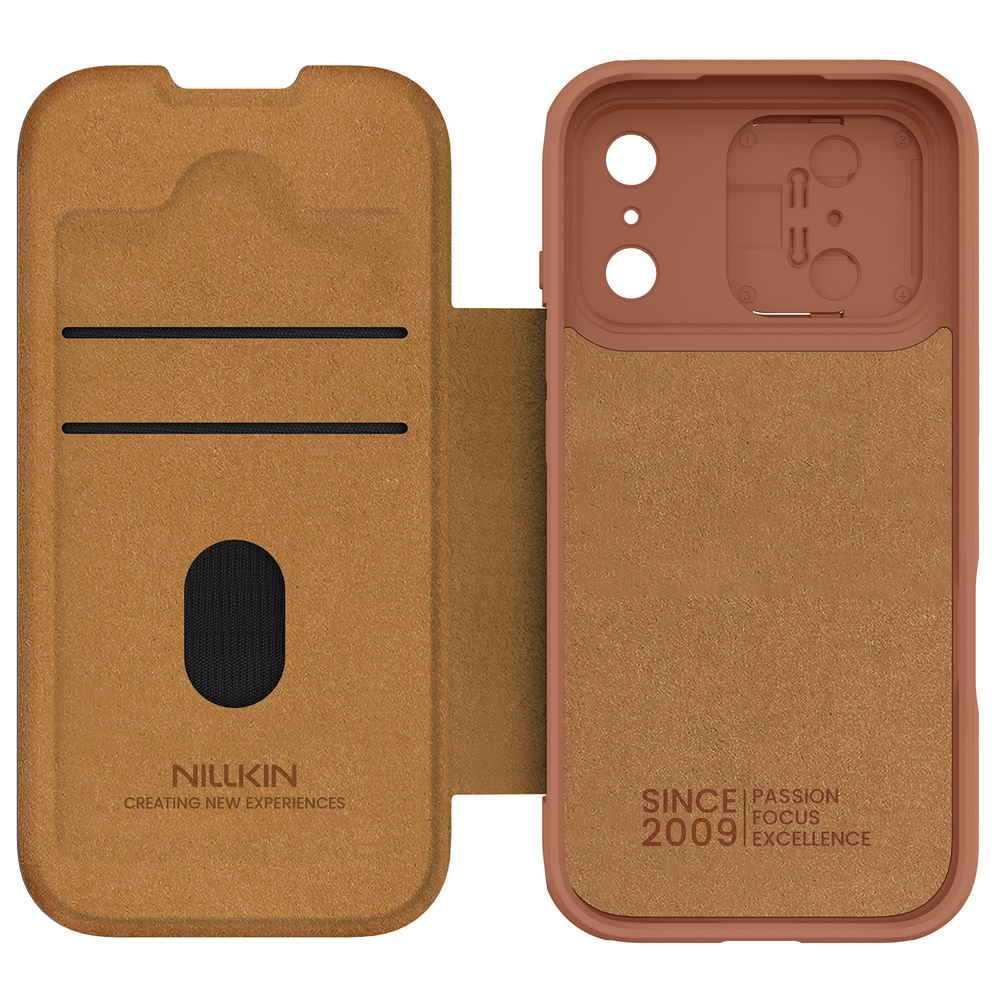 Кожаный чехол книжка коричневого цвета для iPhone 17 Pro, серия Qin Pro Leather от Nillkin