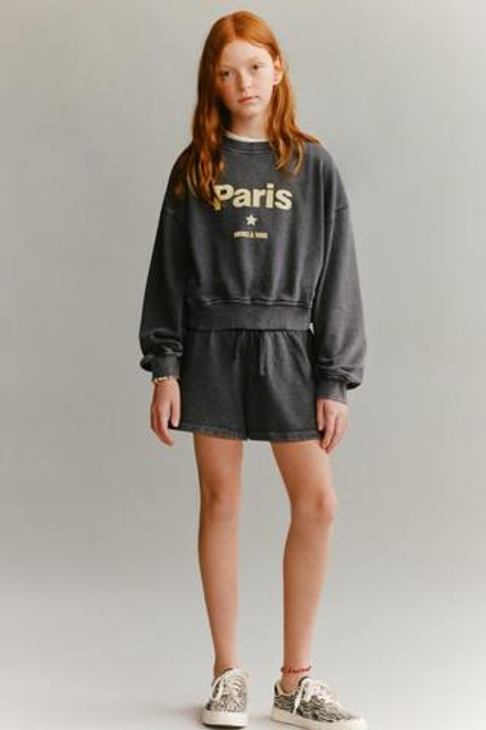ZARA КОМПЛЕКТ ИЗ ТОЛСТОВКИ И ШОРТОВ С НАДПИСЬЮ, ТЕМНО-СЕРЫЙ