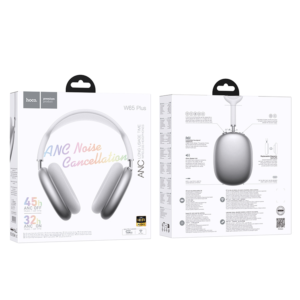 Полноразмерные Bluetooth наушники HOCO W65 Plus ANC (серебро)