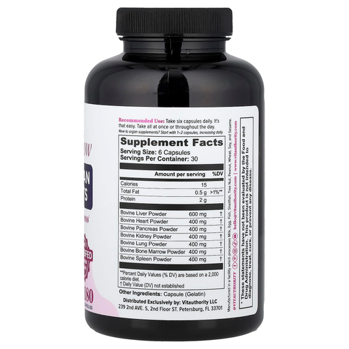 Vitauthority, Primal Glow, питательные вещества из говяжьих органов, 180 капсул