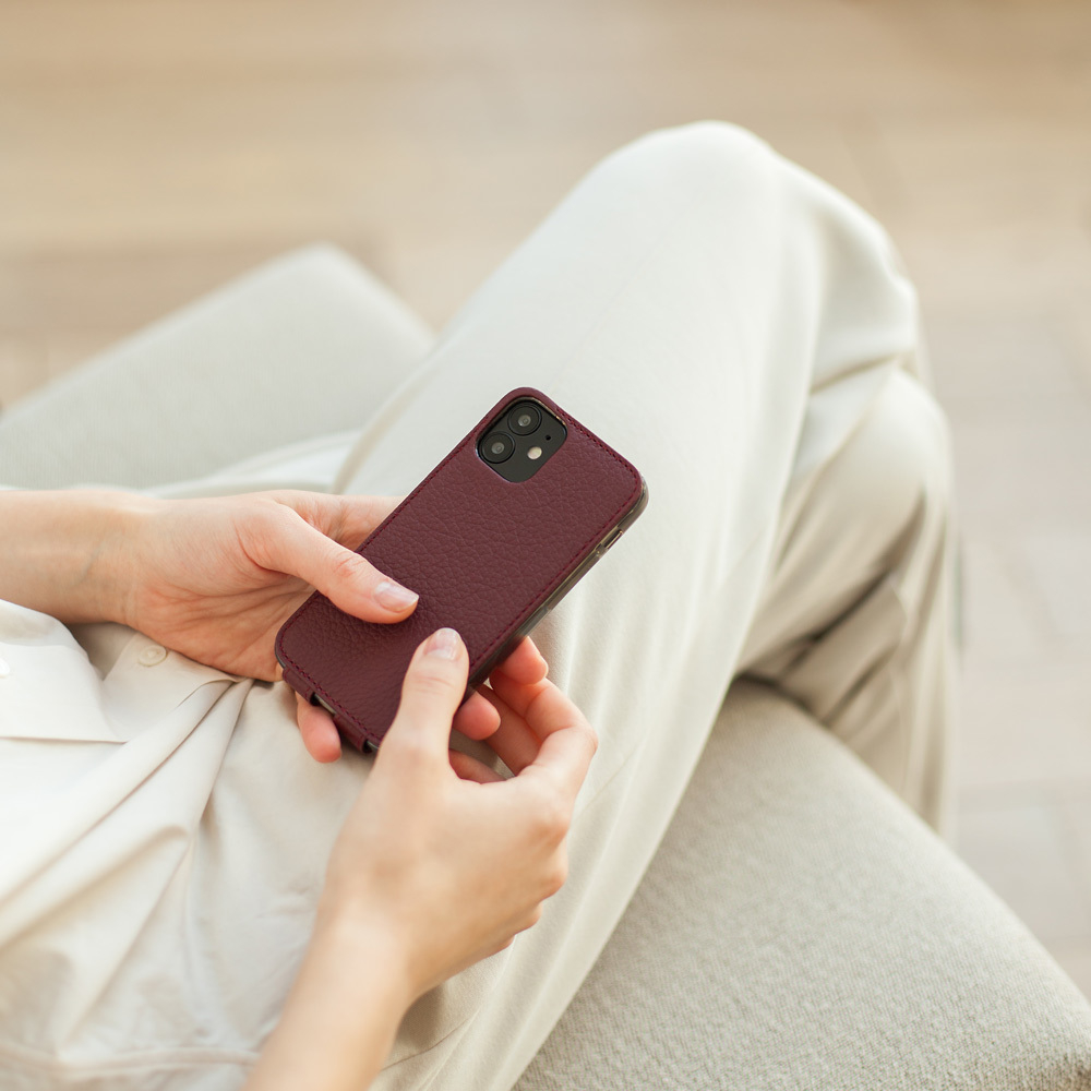 Чехол для iPhone 12 Mini из натуральной кожи теленка, бордового цвета