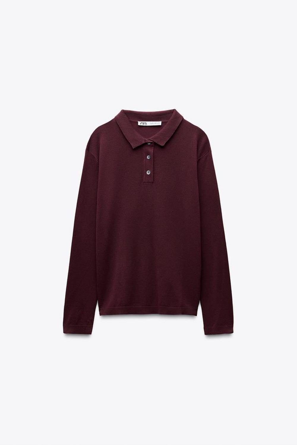 ZARA ОДНОТОННЫЙ ТРИКОТАЖНЫЙ ТОП С ВОРОТНИКОМ ПОЛО, ВИННЫЙ