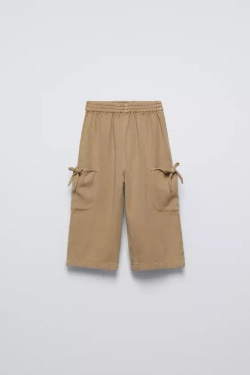 ZARA БРЮКИ ИЗ СТРУЯЩЕЙСЯ ТКАНИ С БАНТАМИ, БЕЖЕВЫЙ