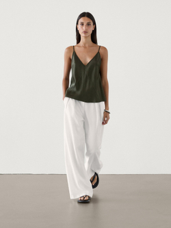 Massimo Dutti Укороченный атласный топ с V-образным вырезом, хаки