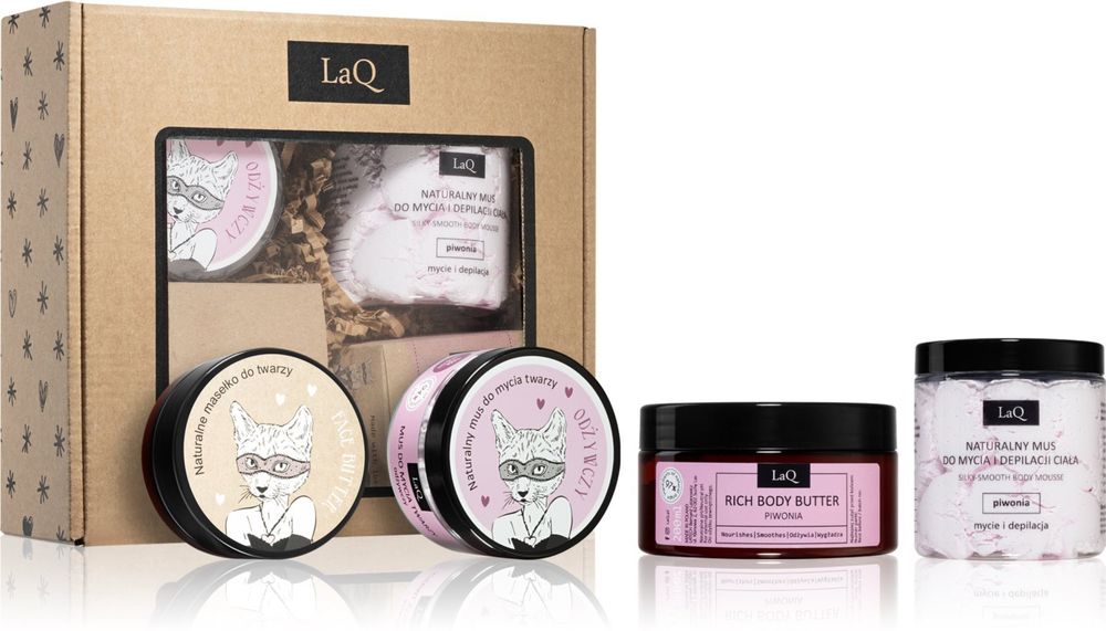LaQ gentle cleansing foam for body 250 ml + deep nourishing butter for face 50 ml + nourishing body butter 200 ml + scented candle 180 ml Kitten Peony