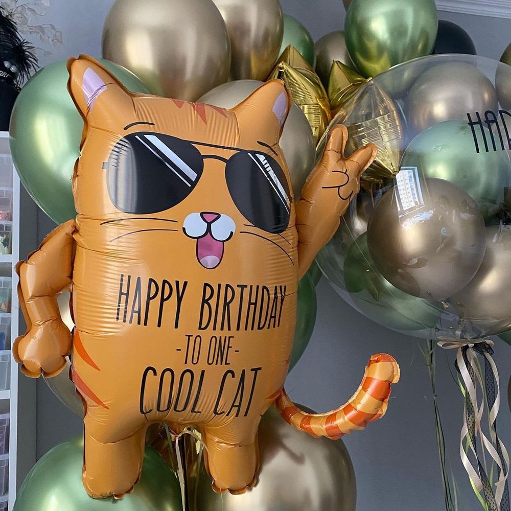BT Шар фигура КОТ Классный кот Happy birthday cool cat 33"/83 8 см (БГ-32)  Изображение4