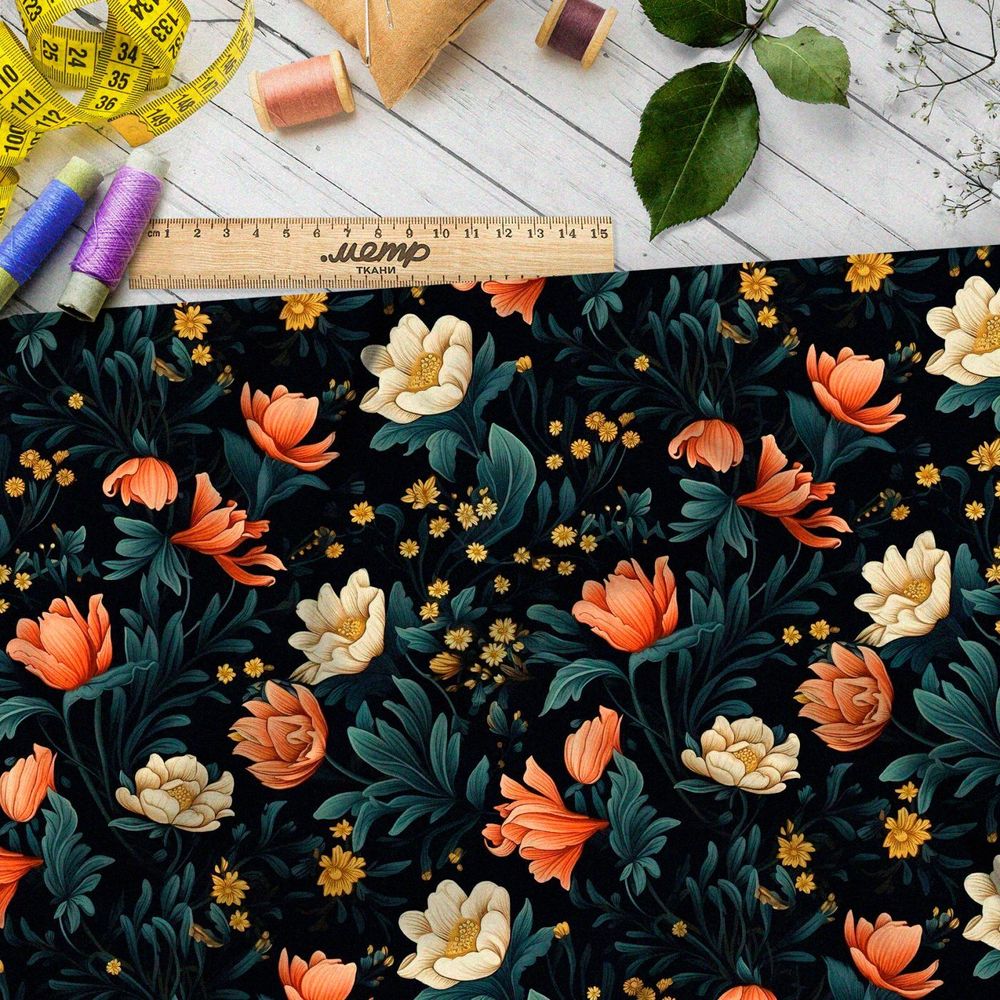 Ткань премиум Оксфорд 600D ночные цветочные фантазии