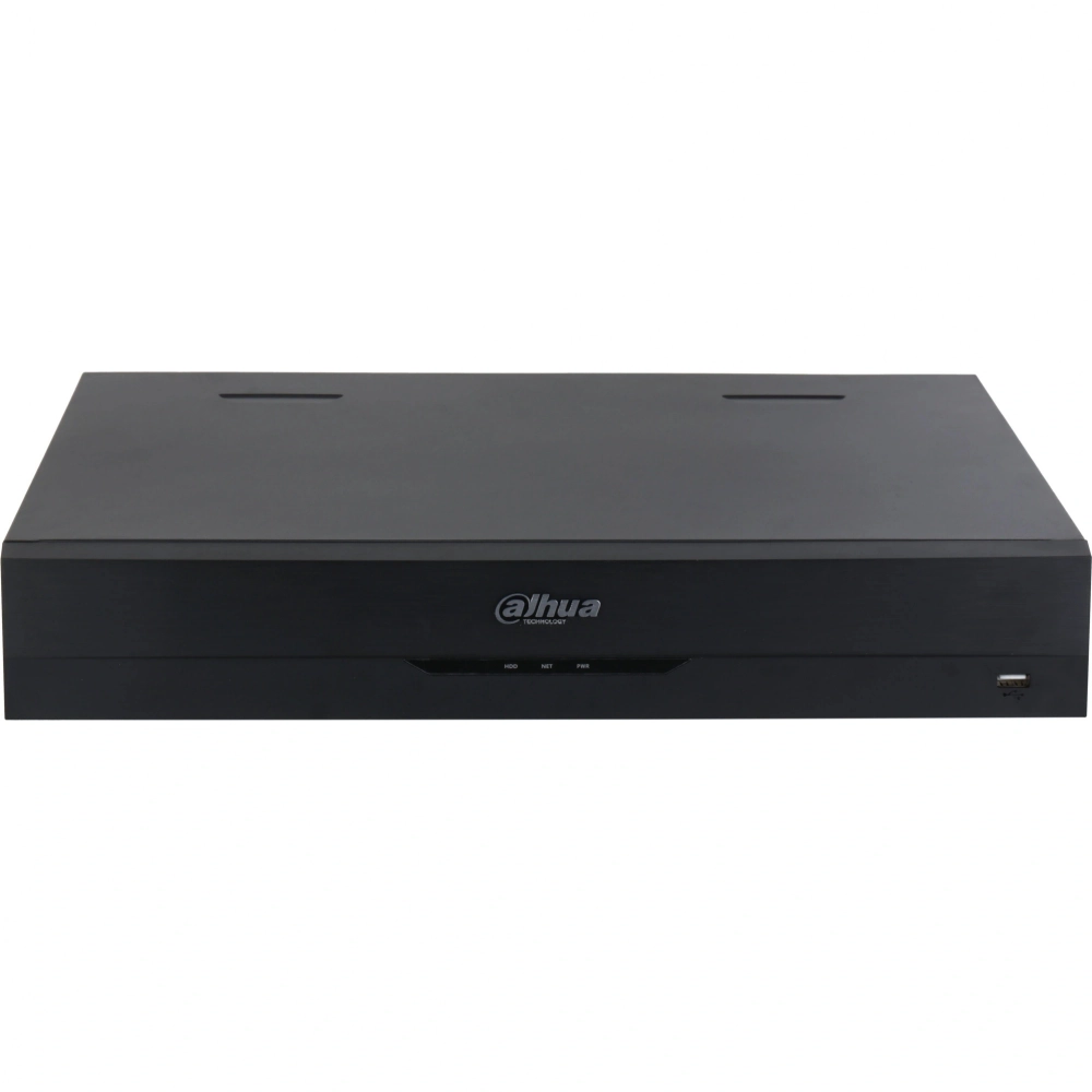 32-канальный IP-видеорегистратор Dahua до 448Мбит/с; 4 SATA III до 20Тбайт; 2 HDMI (8K), 2 VGA; 1 RJ45 1000Мбит/с; audio: 1/1; тревожные вх./вых.: 4/2; видеоаналитика
