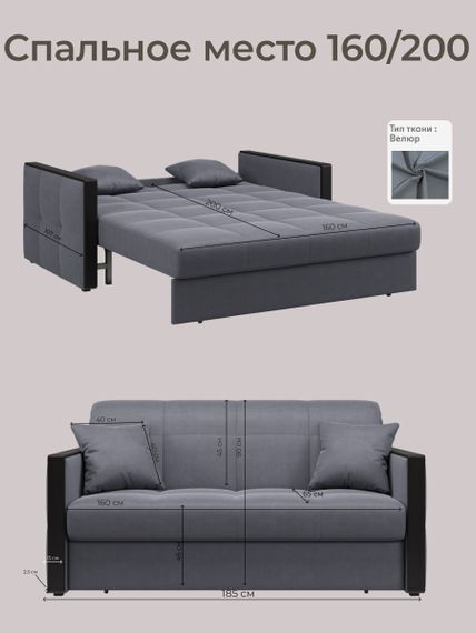 Диван Лион 1,6 - Velutto 32 серый/накладка венге