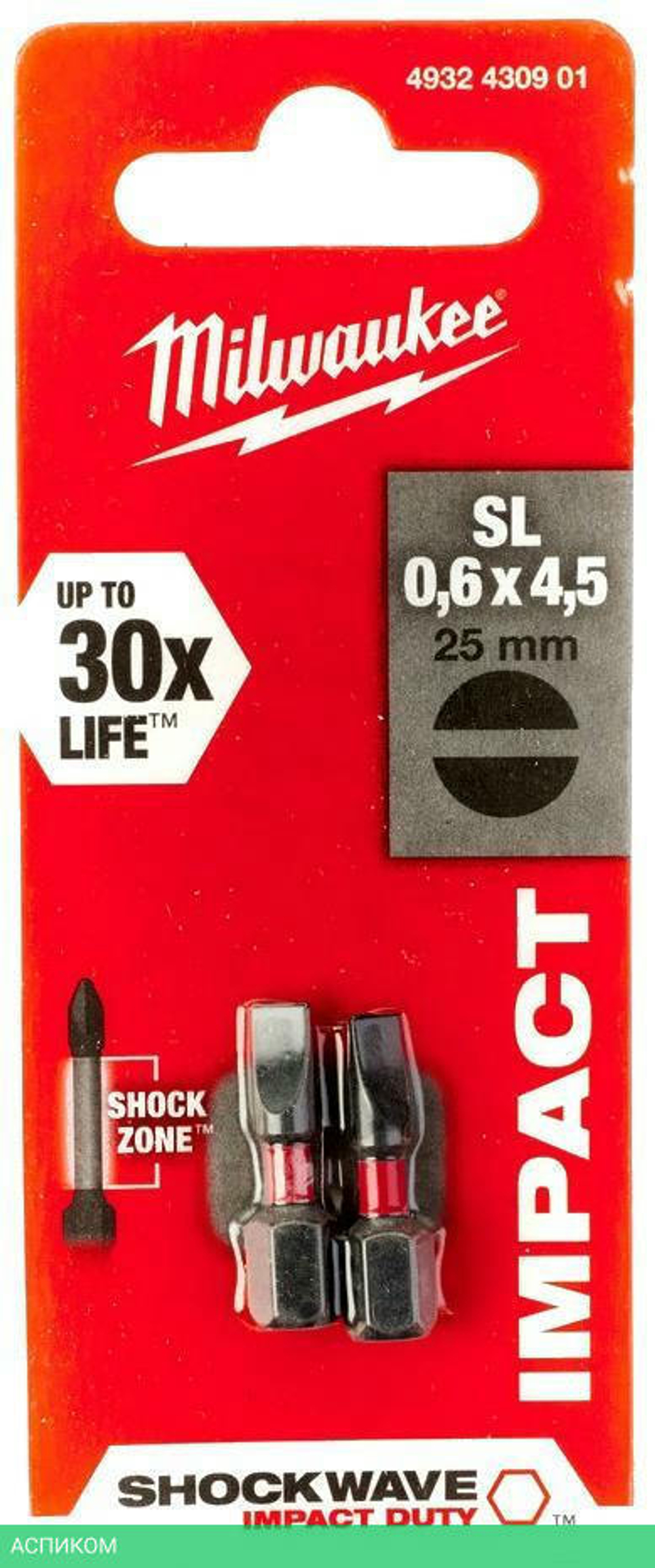 Бита Milwaukee Shockwave SL0.6x4.5 25мм 2шт (4932430901)